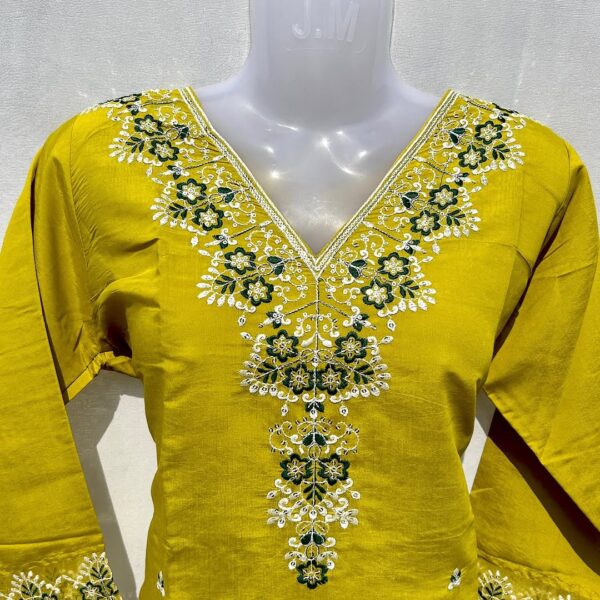 Elegant Mustard Yellow Embroidered Unstitched Suit with Dupatta - Image 2