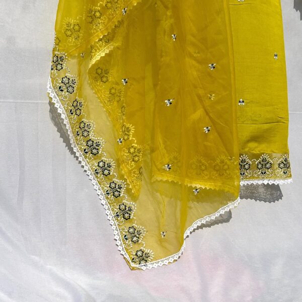 Elegant Mustard Yellow Embroidered Unstitched Suit with Dupatta - Image 6