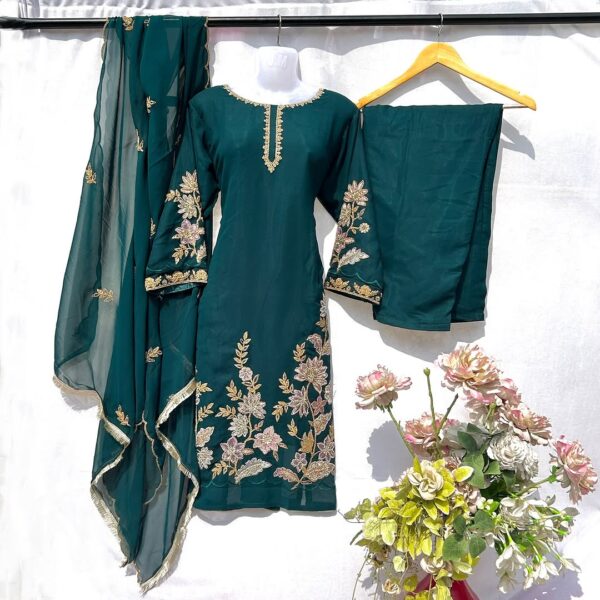 Elegant Dark Green Embroidered Chiffon 3-Piece Suit