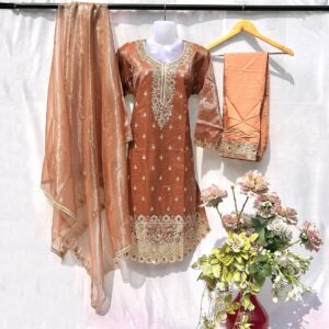 Elegant Copper Gold Embroidered Organza 3-Piece Suit