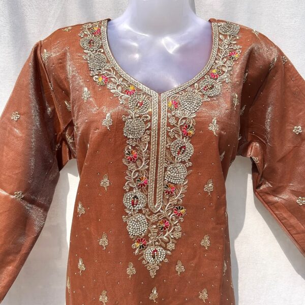 Elegant Copper Gold Embroidered Organza 3-Piece Suit – Perfect for Festive & Wedding Wear - Image 5