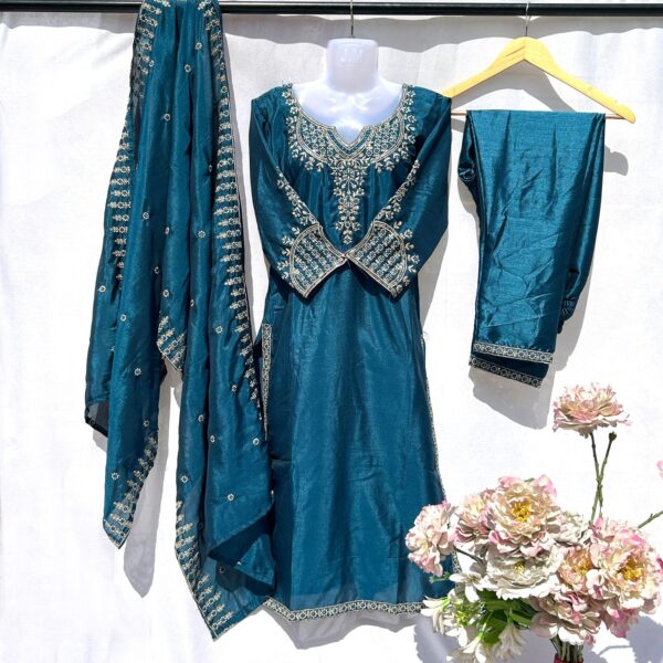 Elegant Teal Blue Embroidered Silk Suit