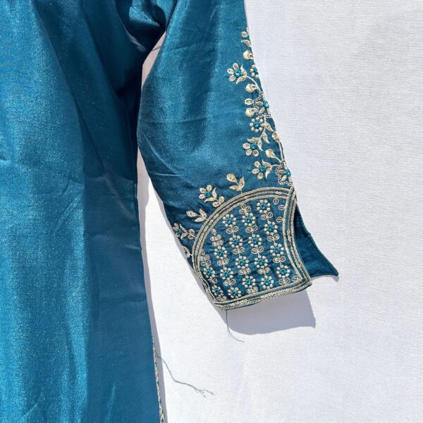 Elegant Teal Blue Embroidered Silk Suit - Image 4