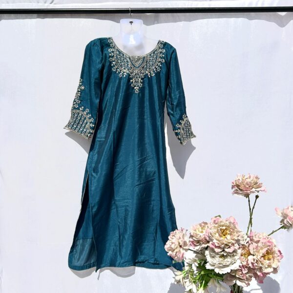 Elegant Teal Blue Embroidered Silk Suit - Image 3