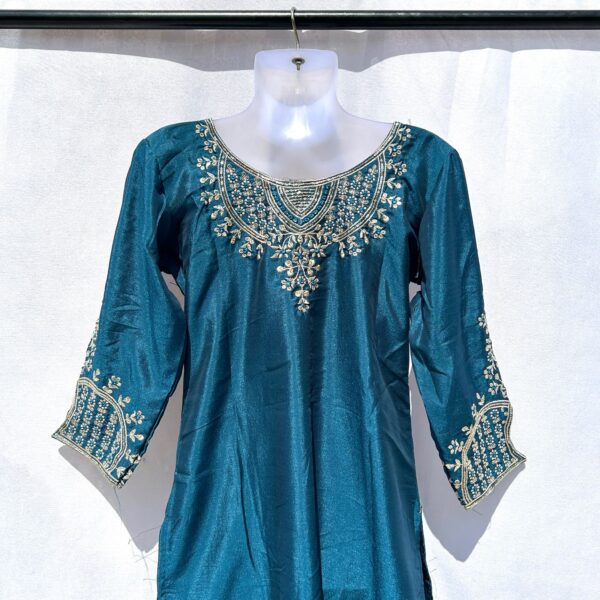 Elegant Teal Blue Embroidered Silk Suit - Image 2