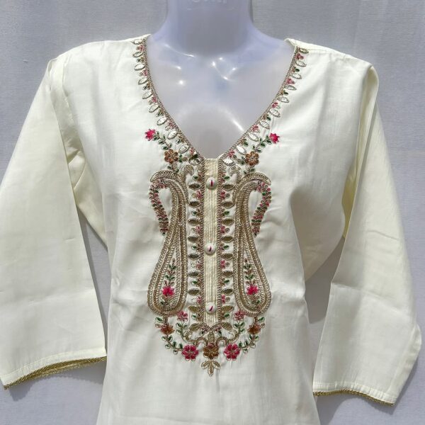Elegant Cream Embroidered Kurti Pant Set with Floral Dupatta – Festive & Party Wear - Image 2
