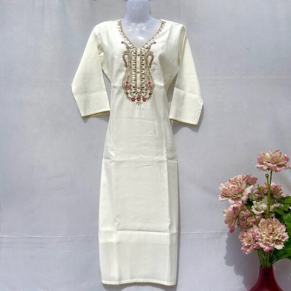 Elegant Cream Embroidered Kurti Pant Set with Floral Dupatta – Festive & Party Wear - Image 3