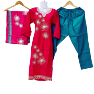 Pink floral kurti set with green pants and printed dupatta from Twixica in Delhi