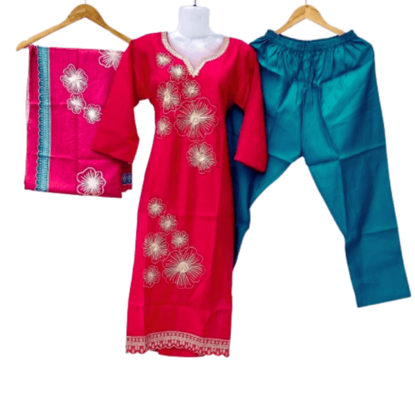 Pink floral kurti set with green pants and printed dupatta from Twixica in Delhi
